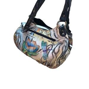 Anuschka Hand Painted Leather Purse Flowers DragonFly Shoulder Bag